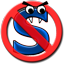 A blue letter S with eyes and teeth of a snake is confined in the red circle with a diagonal line through that has come to symbolize the word “No”